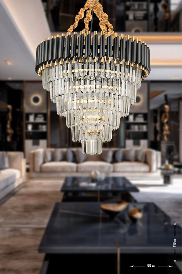 Palmira 60 Cm'lik Kristal Taşlı Lüks Avize 6'lı - (siyah-gold)